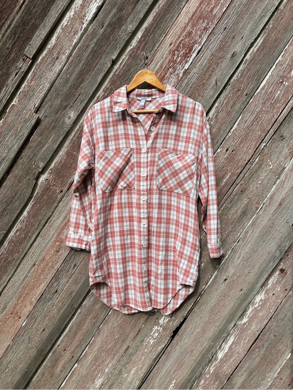 BB Dakota Cotton Plaid Tunic Shirt Dress Pockets Dusty Pink Small